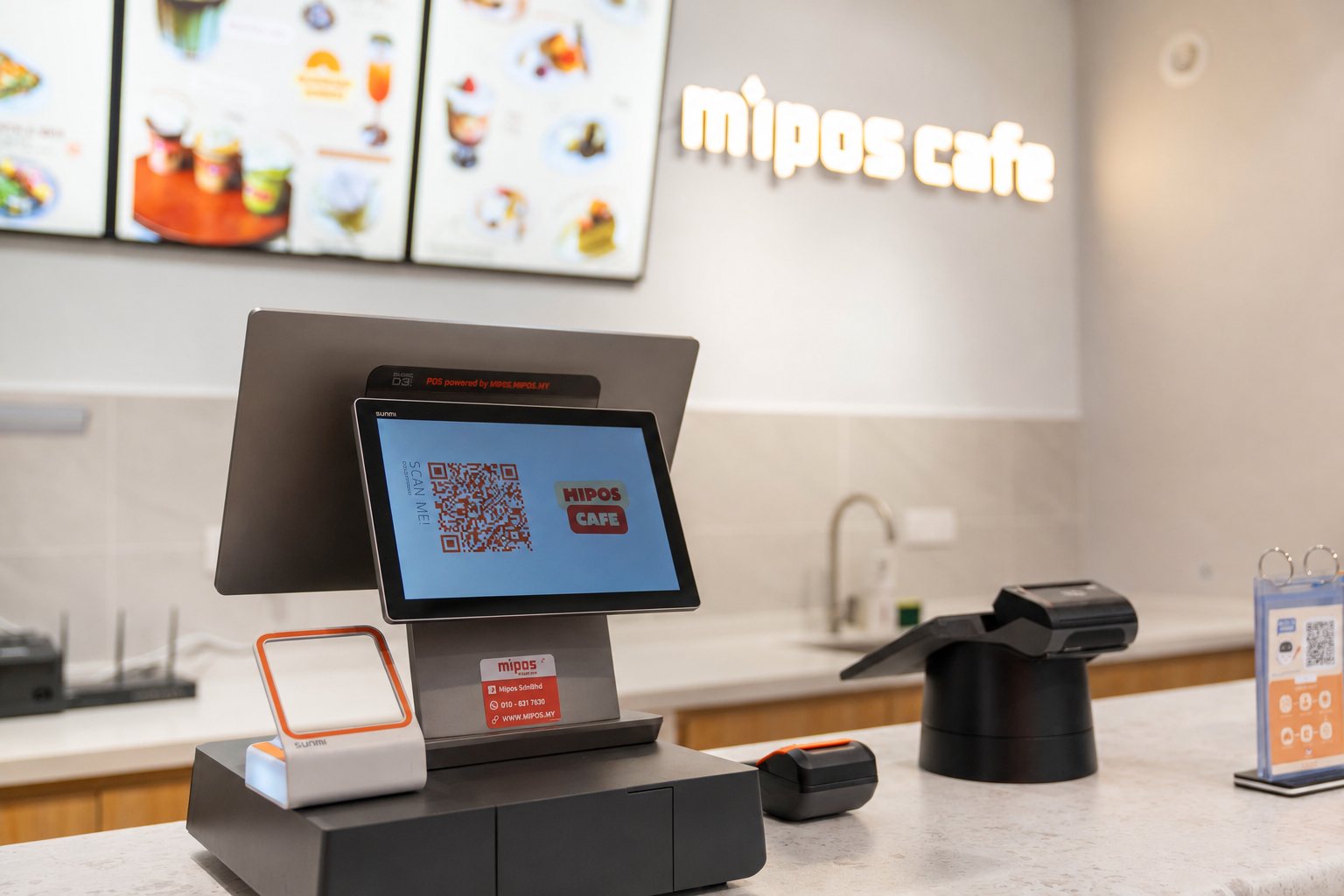 Sunmi D3 all-in-one desktop POS terminal on a clean cafe counter at Mipos Cafe