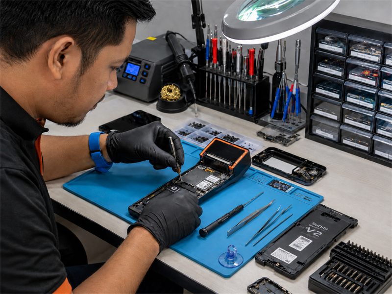 Technician repairing a mobile POS device locally in KL