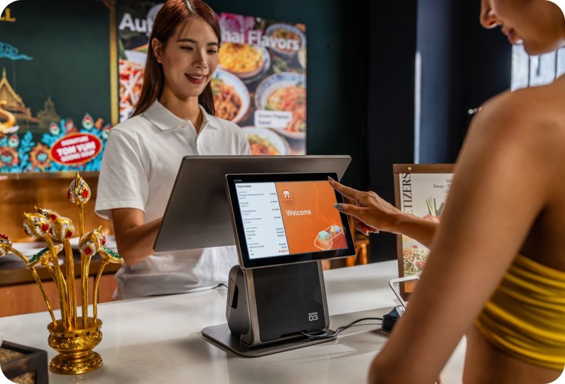 Sunmi D3 dual-screen showing a welcome message to the customer