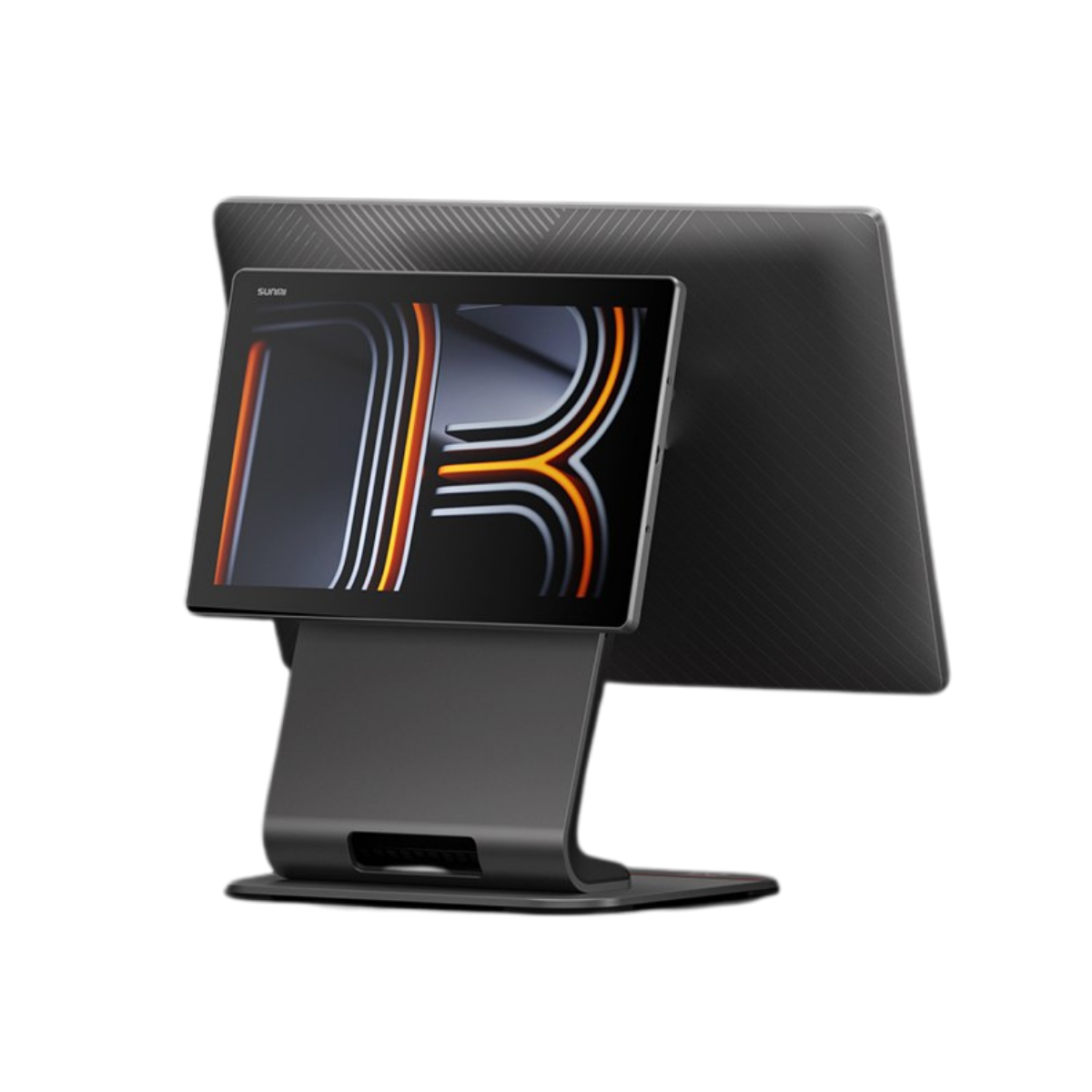 Sunmi D3 dual-screen desktop POS showing the metallic body, ports and customer display