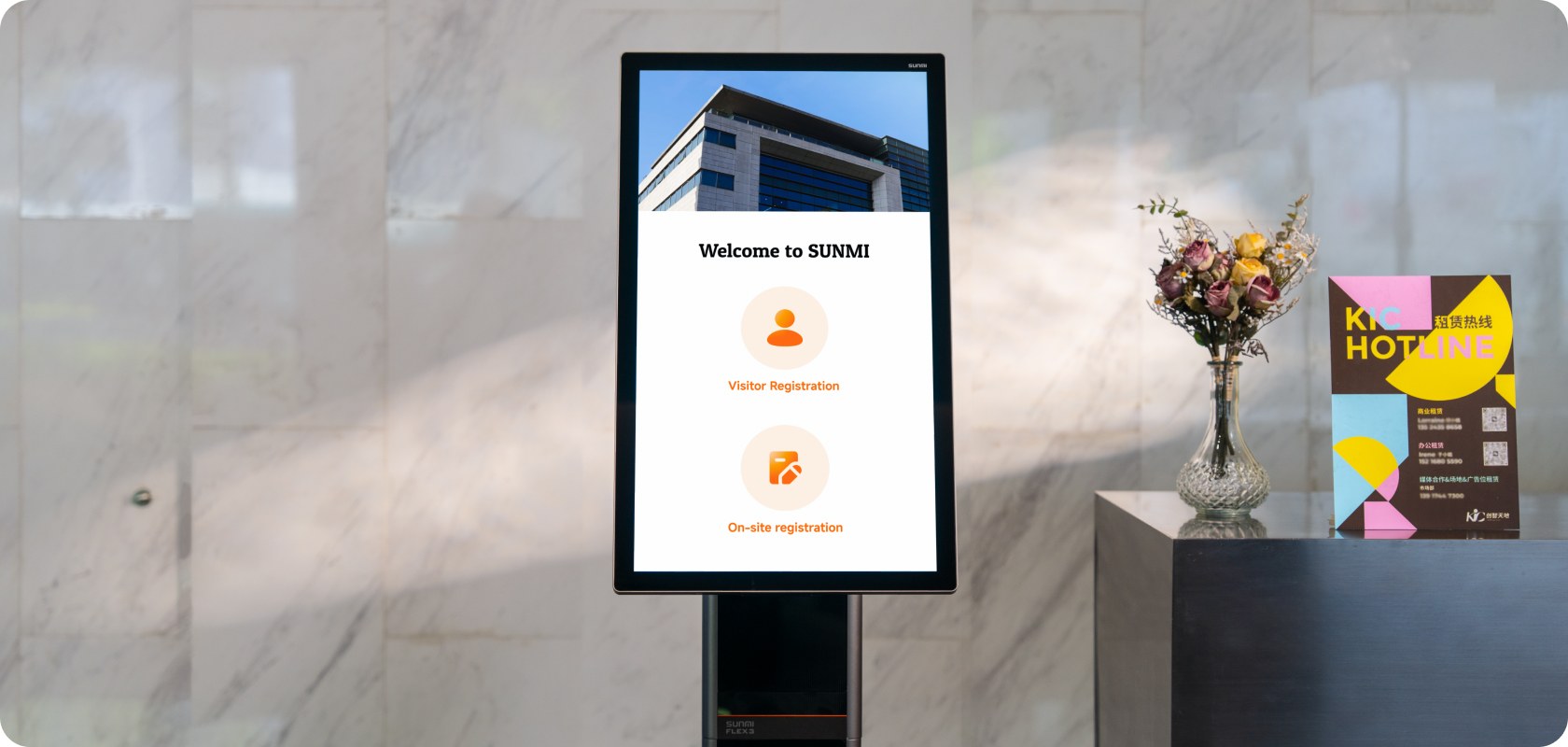 Sunmi Flex 3 with Wi-Fi 6E and Bluetooth 5.2 connectivity at a reception desk