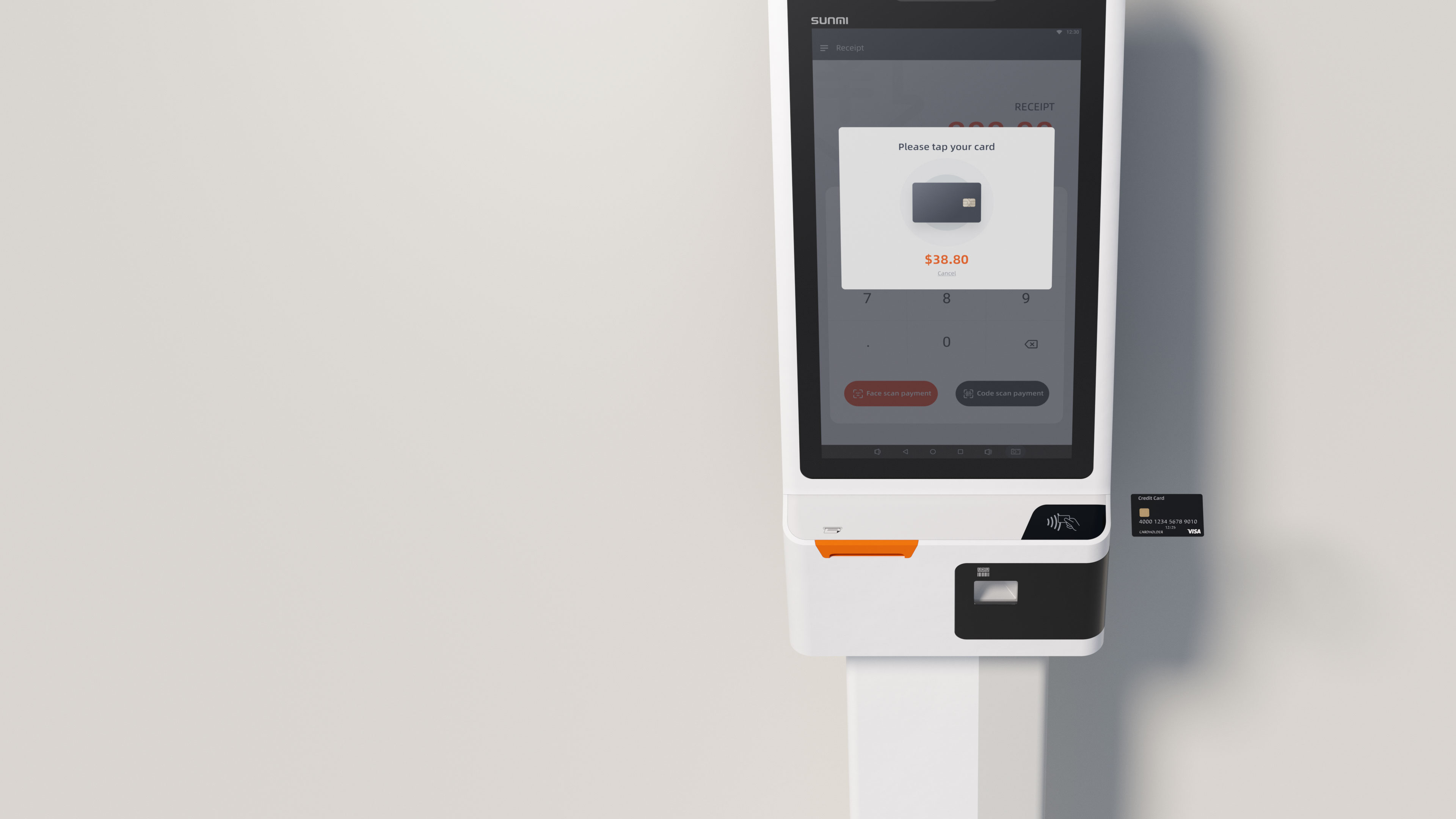 Sunmi K2 kiosk screen prompting the customer to tap their card to pay, with the built-in printer slot, barcode scanner and NFC tap zone below