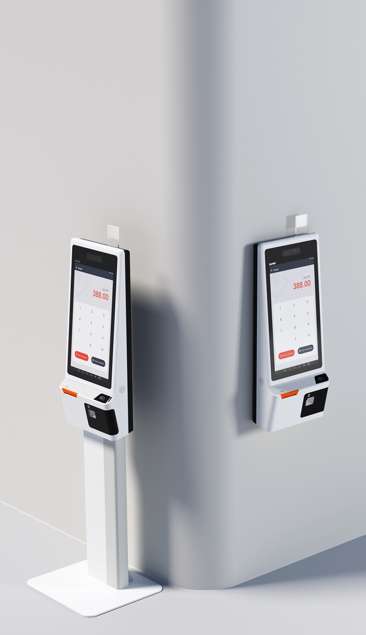 Sunmi K2 self-service kiosk shown in both builds side by side — a floor-standing unit on a pedestal and a wall-mounted unit