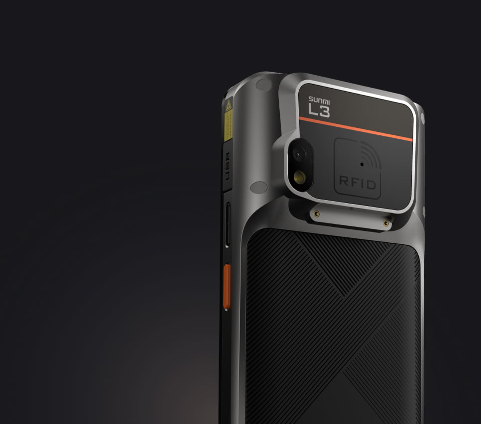 Close-up of the Sunmi L3 rear showing camera, RFID and USB port