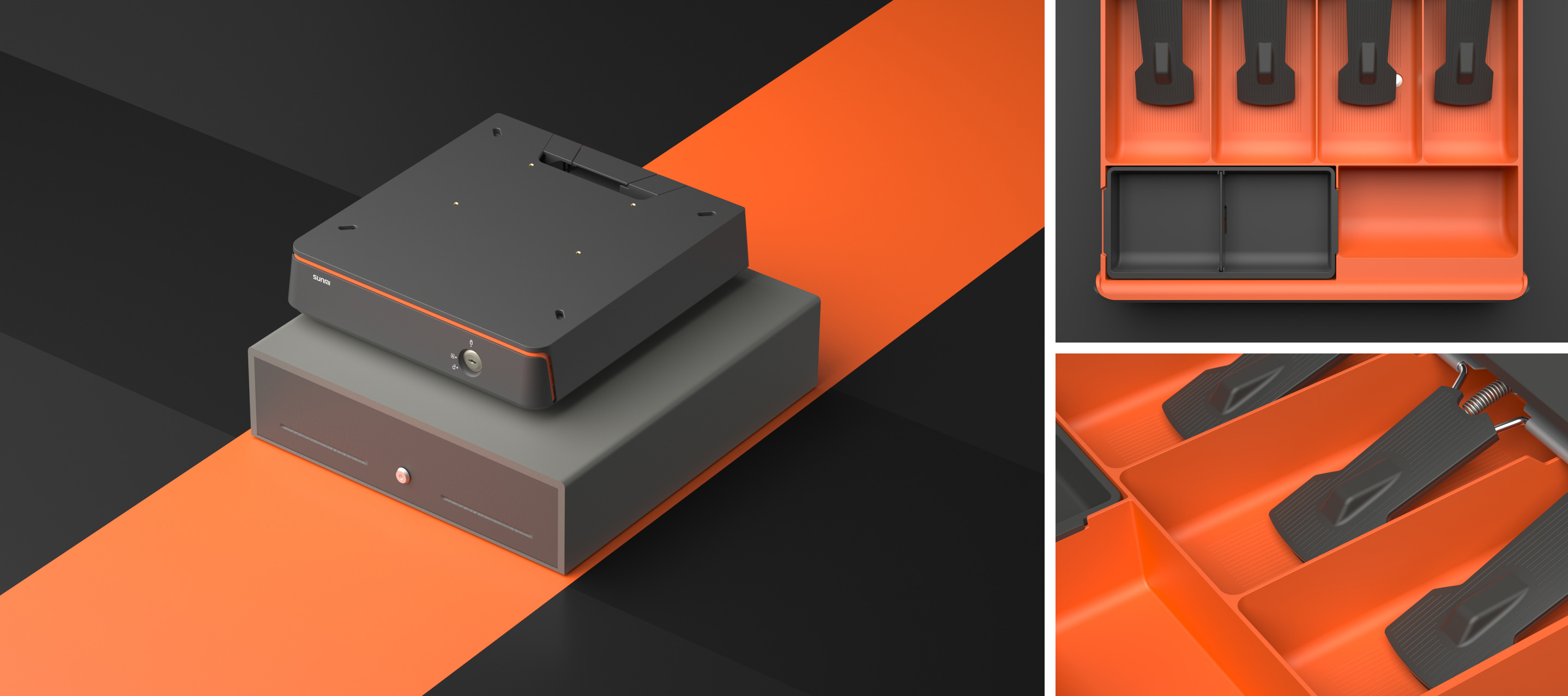 Sunmi Mini Cash Drawer shown closed and open with its four bill trays and three coin trays