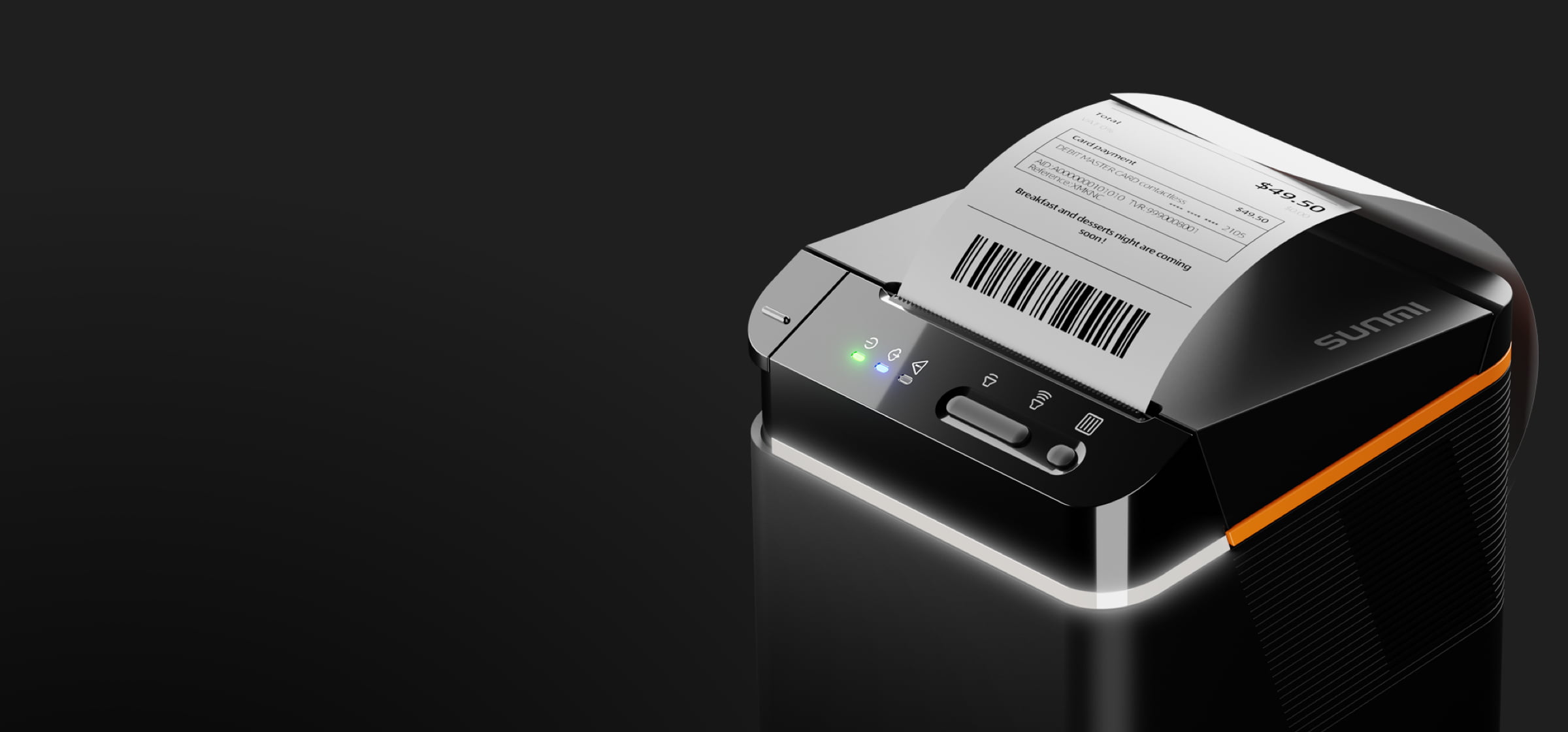 Sunmi printer with glowing status lights printing a new order