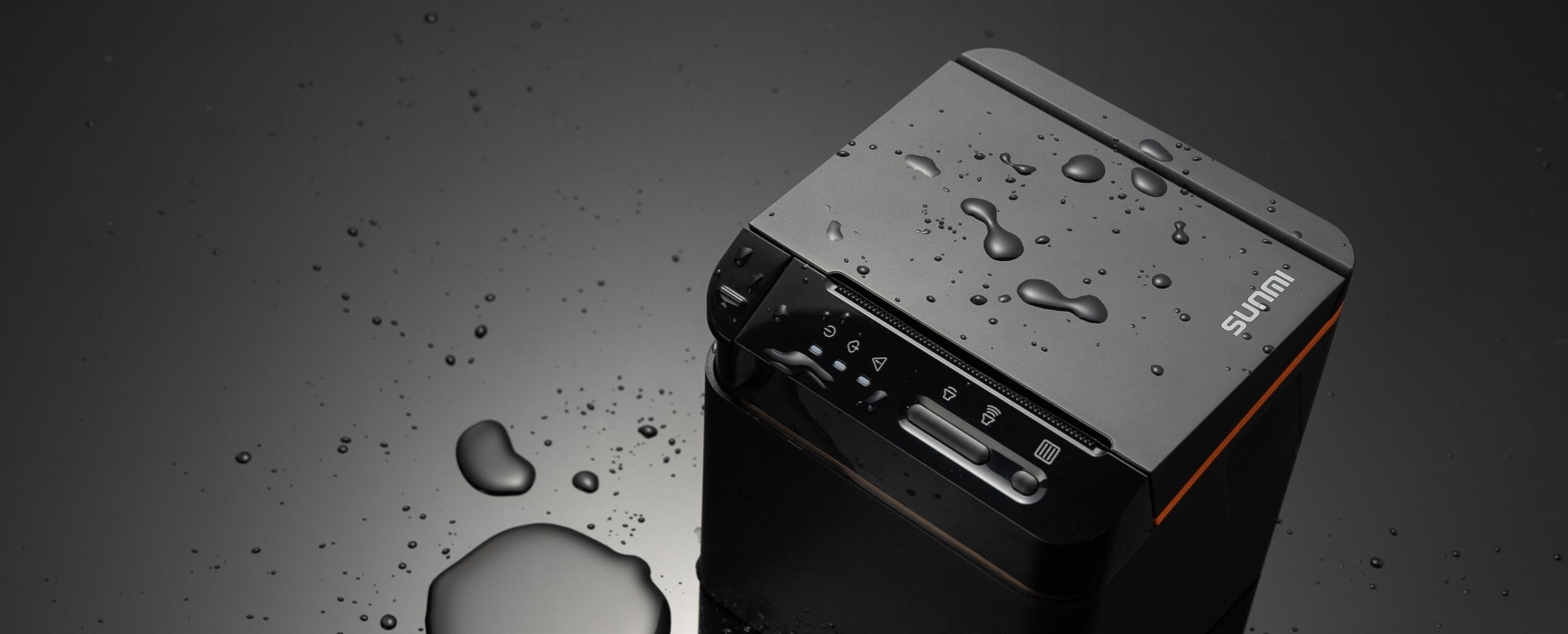 Sunmi 80mm printer with water droplets showing IP52 splash resistance