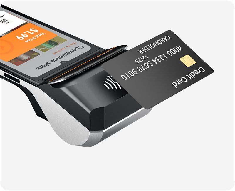 A contactless card tapped on the Sunmi V3 for NFC payment